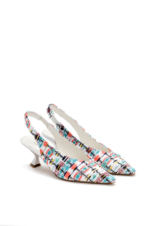 Slingback Pumps aus Tweed in Weiß gemustert