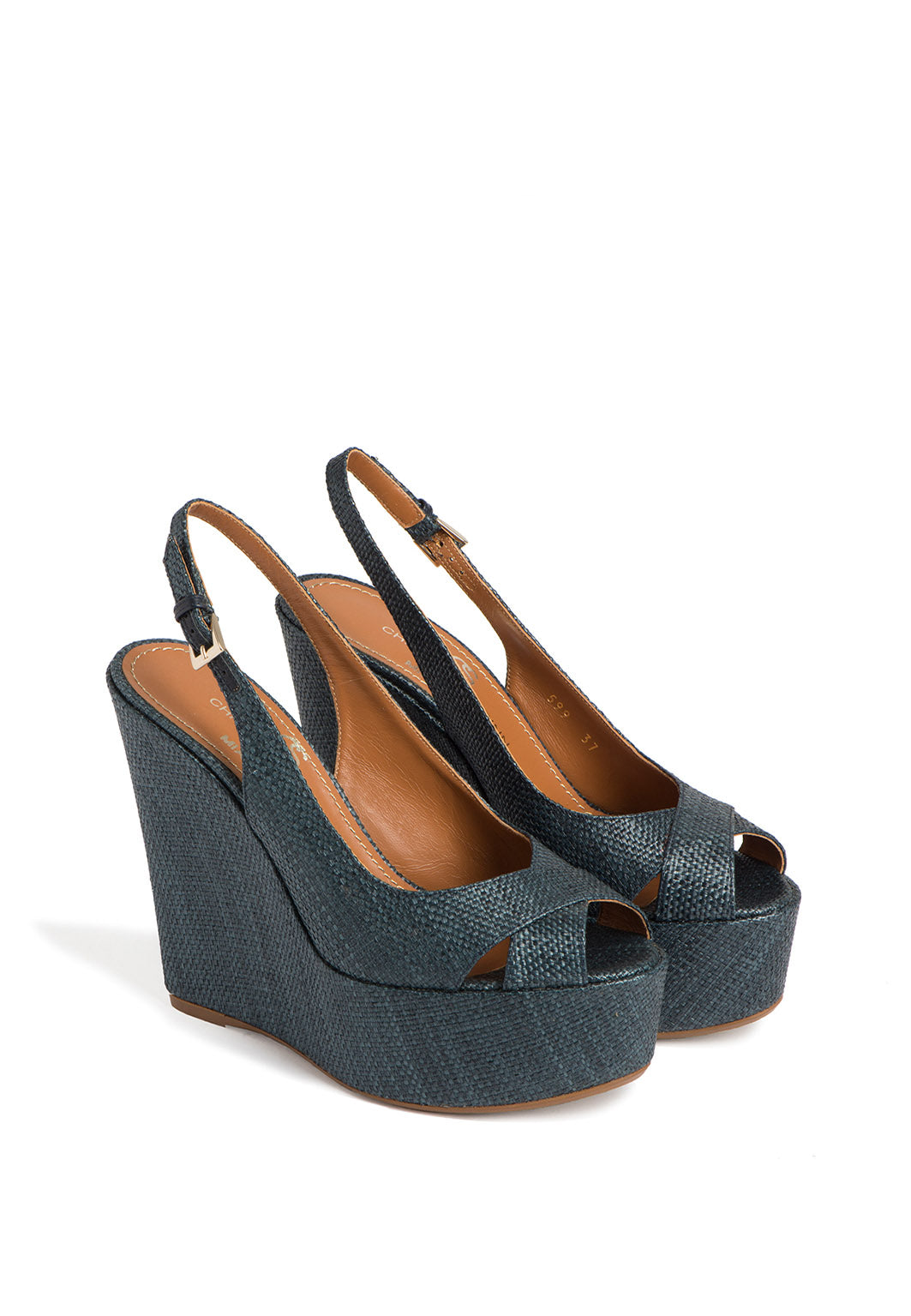 Keilabsatz Sandalen, in Blau mit Peeptoe