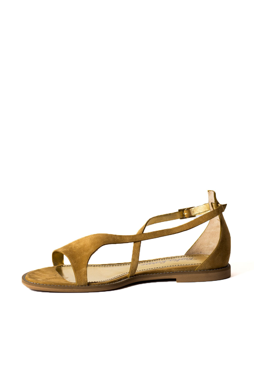 Flache Sandale in Camel & Gold