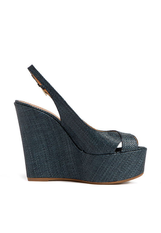 Keilabsatz Sandalen, in Blau links aus Leinenstoff