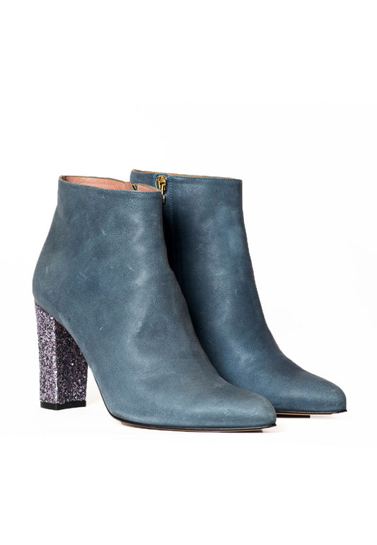 Stiefeletten in Denimblau mit Glitzerabsatz